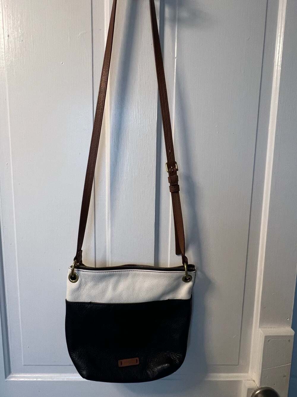 Fossil Keely Bucket Leather Crossbody Shoulder Purse Bag Multi White Black Brown